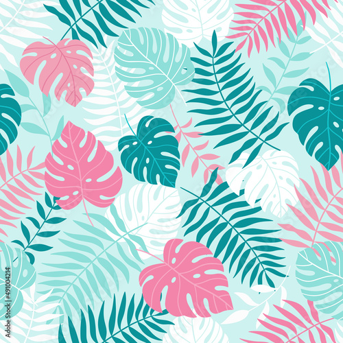 Seamless pattern with tropical leaves. A hand-drawn leaf of monstera and palm trees. Vector illustration