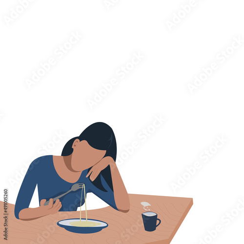 No face young beautiful long black hair woman is Sitting at table bored food.Cute girl has Anorexia-cachexia syndrome.Lady with healthy foods.Vector flat design idea concept Loss of Appetite.