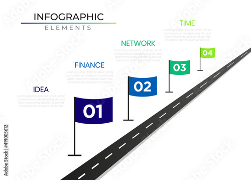 Roadmap business infographic elements plan concept design vector with flags. Four steps timeline network project template for presentation and report.