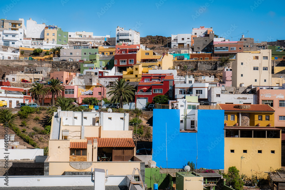 Colorful buildings on a desert island