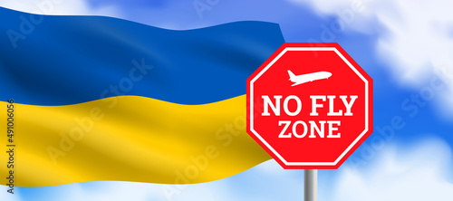 no fly zone sign waving Ukrainian flag  close sky over Ukraine vector illustration