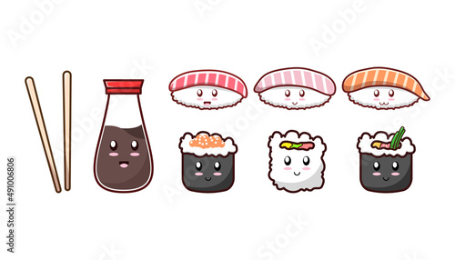 Set of cute kawaii sushi vector cartoon illustration