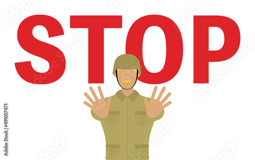 STOP、禁止や制限のジェスチャーをするシニア男性兵士
