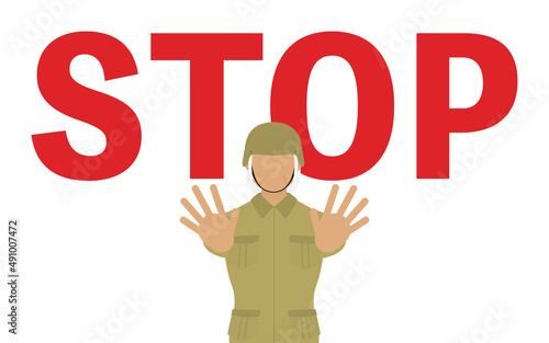 STOP、禁止や制限のジェスチャーをするシニア女性兵士