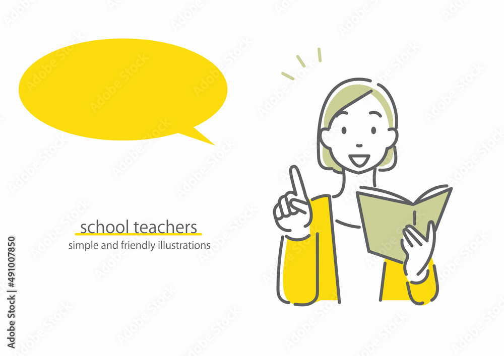 テキストを手に授業をする女性教師 シンプルでお洒落な線画イラスト Stock Vector Adobe Stock