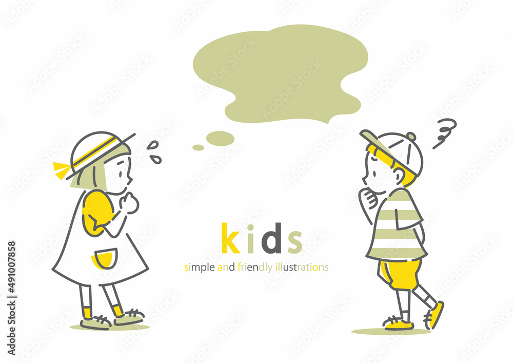 悩む女の子と男の子 シンプルでお洒落な線画イラスト Stock Illustration Adobe Stock