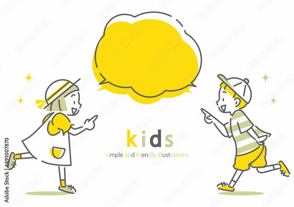 駆け寄る女の子と男の子 シンプルでお洒落な線画イラスト Stock Vector Adobe Stock