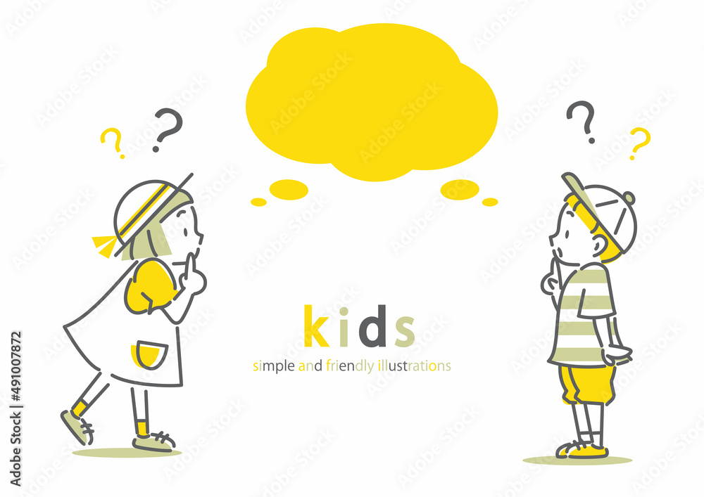 Stockvector 考える女の子と男の子 シンプルでお洒落な線画イラスト Adobe Stock