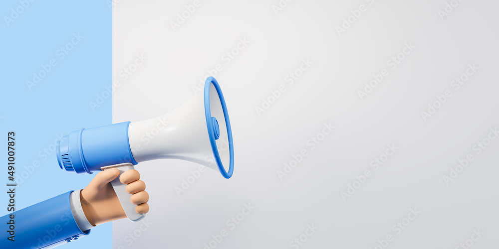 Hand with megaphone on light background, advertisement. Mockup