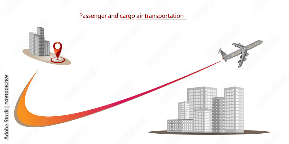 Passenger plane flies between cities. The concept of air transportation between two destinations. Vector illustration.