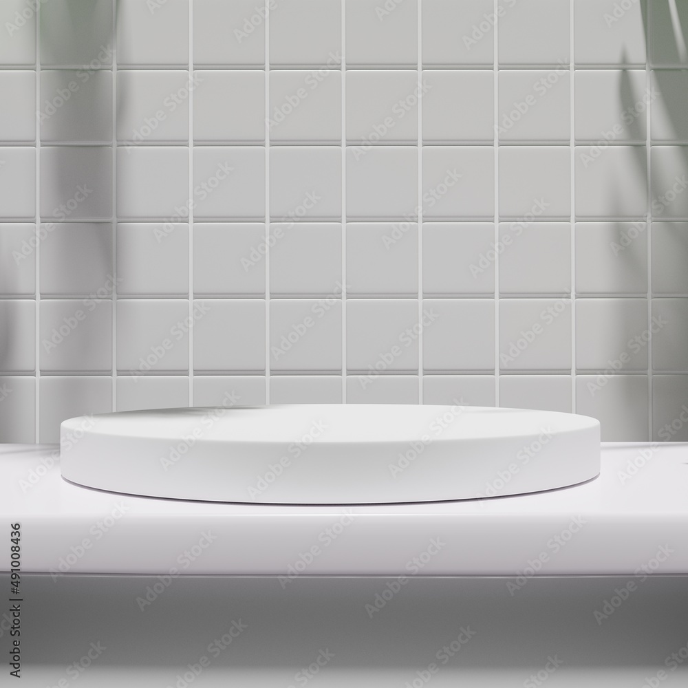 3D shelf at ceramic tile wall background, Mock up for display or montage of product or design for hygienic products in bathroom. 3D shelf at ceramic tile wall background, Mock up for display or montage of product or design for hygienic products in bathroom.