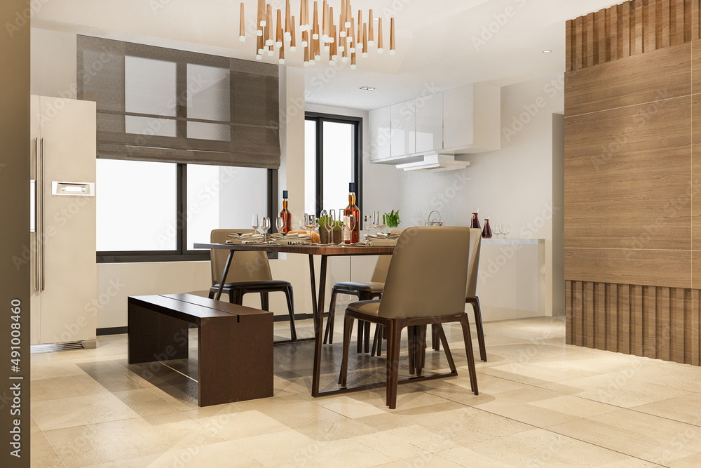 3d rendering dining room and kitchen with luxury decor 3d rendering dining room and kitchen with luxury decor