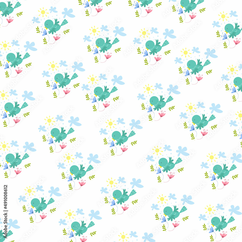 Seamless pattern. Portrait of a bird with flowers, leaves and sun. pattern For valentine,
bed sheets, cover bed, baby pajamas, print, packaging, decoration, wallpaper and design