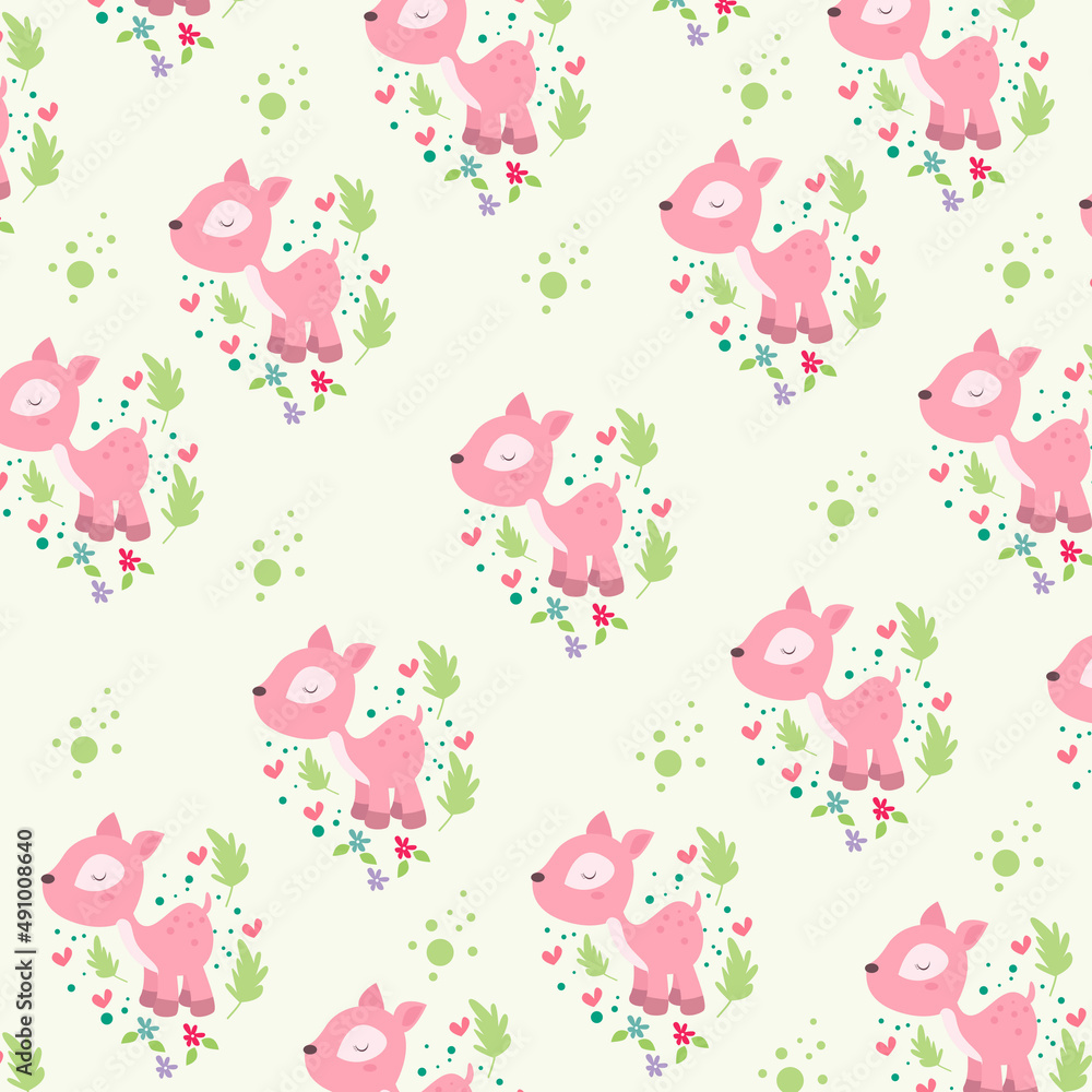 Seamless pattern. Portrait of cute pink mouse deer with love and flowers. pattern For valentine,bed sheets, cover bed, baby pajamas, print, packaging, decoration, wallpaper and design Seamless pattern. Portrait of cute pink mouse deer with love and flowers. pattern For valentine,bed sheets, cover bed, baby pajamas, print, packaging, decoration, wallpaper and design