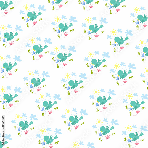 Seamless pattern. Portrait of a bird with flowers, leaves and sun. pattern For valentine, bed sheets, cover bed, baby pajamas, print, packaging, decoration, wallpaper and design
