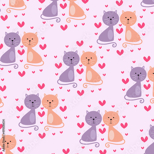 Seamless pattern. Portrait of two cute cats in love. pattern For valentine,bed sheets, cover bed, baby pajamas, print, packaging, decoration, wallpaper and design