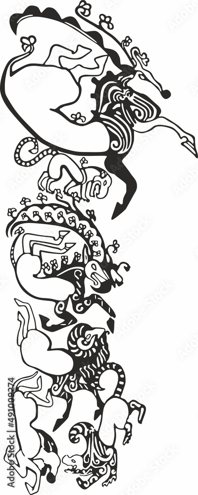 Vector monochrome tattoo of the Altai princess. Wearable drawings of ancient Scythians, Saks.
