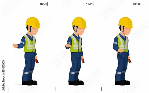 An industrial worker is explaining something on the floor