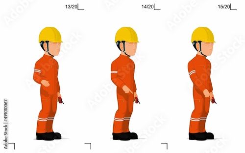 An industrial worker is explaining something on the floor