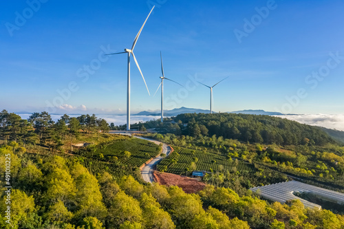 Aerial view of wind farm at Cau Dat town, Dalat, Lam Dong, Vietnam