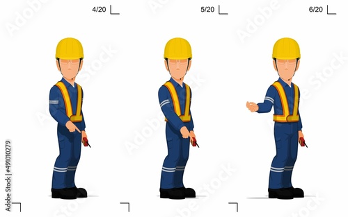 An industrial worker is explaining something on the floor