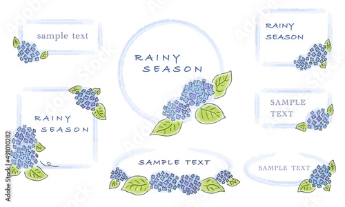 手描き青色アジサイのフレームセット