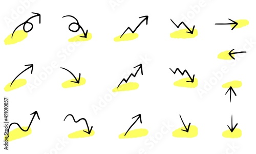 シンプルな手描きの矢印セット　黄色