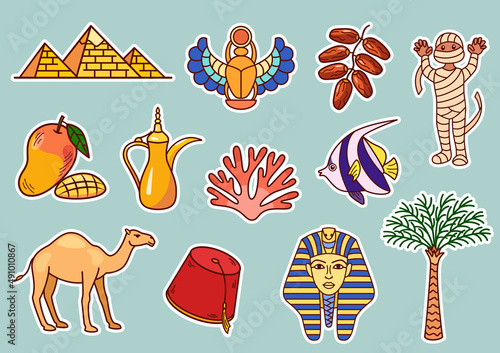 Vector stickers of egyptian sights, set of travel icons, illustrations of Egypt tourist landmarks