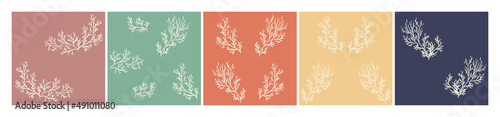 Branches silhouette backgrounds set. Vector seamless pattern. Different colors background and soft light plants. 