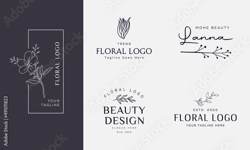 Botanical Floral element Hand Drawn Logo with Wild Flower and Leaves. Logo for spa and beauty salon, boutique, organic shop, wedding, floral designer, interior, photography, cosmetic.