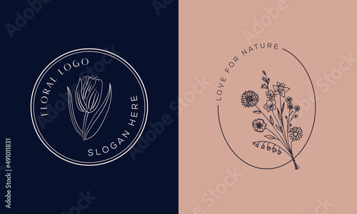 Botanical Floral element Hand Drawn Logo with Wild Flower and Leaves. Logo for spa and beauty salon, boutique, organic shop, wedding, floral designer, interior, photography, cosmetic.
