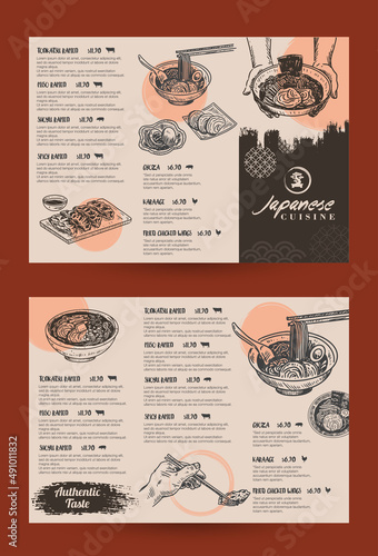 Food sketch, Japanese menu template, Ramen and gyoza. Vector