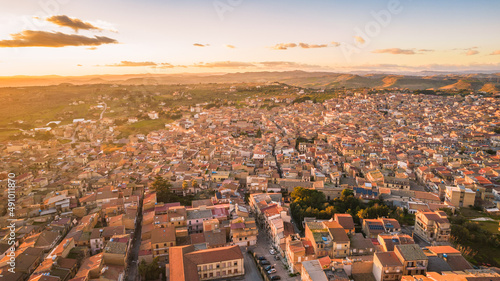 Aerial View of Barrafranca at Sunset, Enna, Sicily, Italy, Europe
