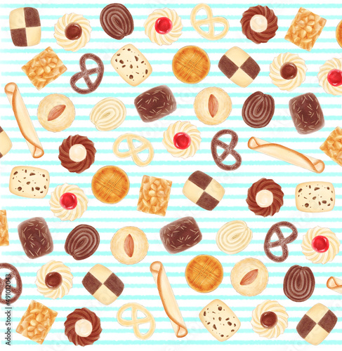 Digital watercolor cookie pattern (light blue striped background)