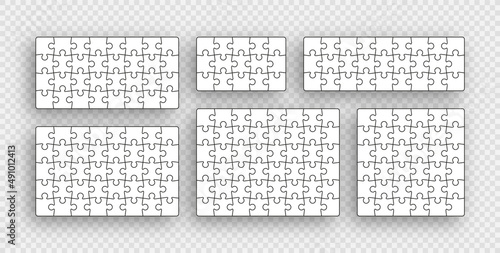 Puzzle pieces. Jigsaw outline grids. Simple mosaic layout with separate shapes. Set of thinking games. Modern puzzle background. Collection laser cut frames. Vector illustration.