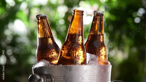 beer bottle chilled in ice cooler bucket