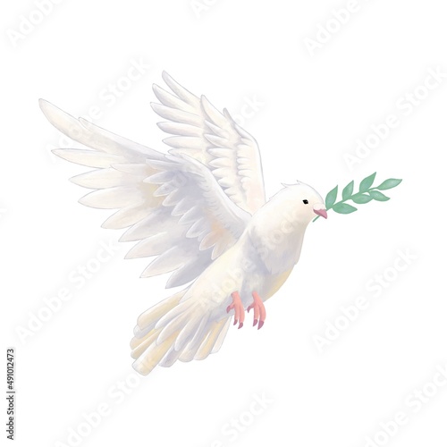 リアル調 木の枝を咥えた飛んでいる白い鳩 ラスター素材