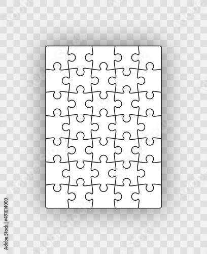 Puzzle pieces. Jigsaw outline grid. Simple background with 5x7 shapes. Thinking mosaic game. Laser cut frame. Vector illustration. Abstract leisure toy.