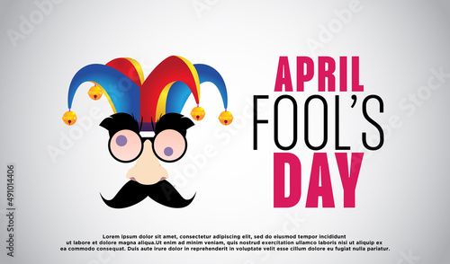 April Fools Day text and funny glasses jester hat vector illustration for greeting card, ad, promotion, poster, flier, blog, article, marketing, signage, email