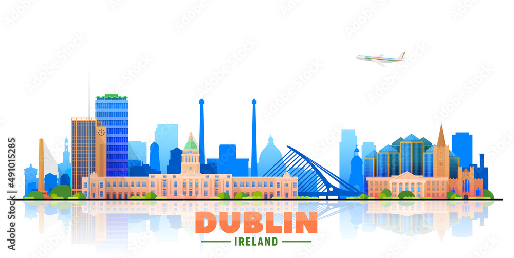 Naklejka premium Dublin, ( Ireland ) city skyline vector illustration white background. Business travel and tourism concept with modern buildings. Image for presentation, banner, website.