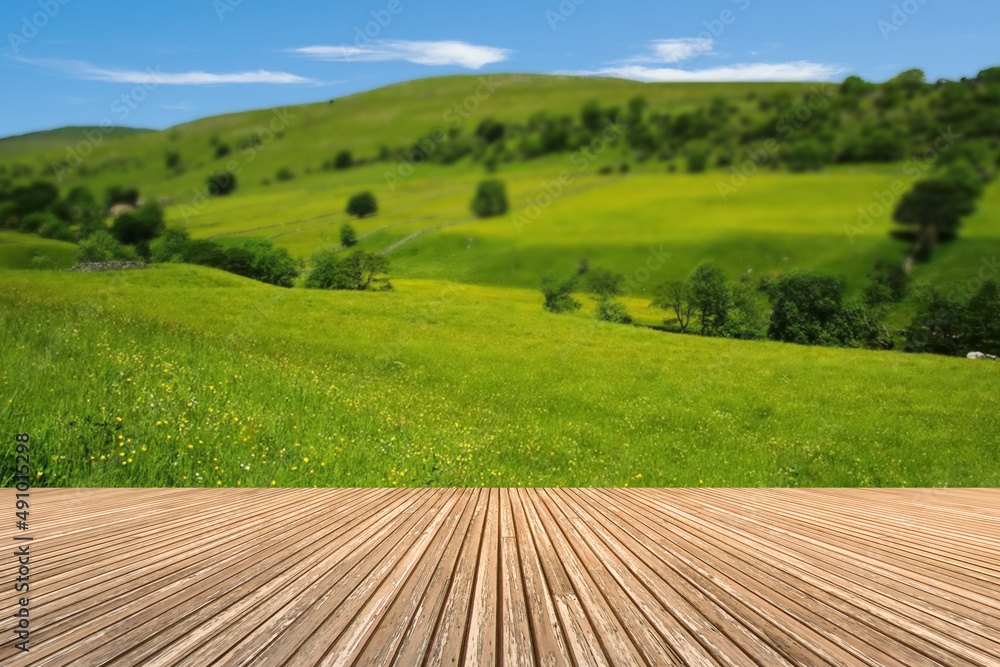 Empty wooden table with mountain view or natural wood table.