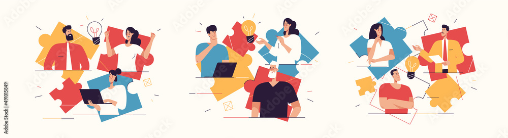 Vector illustrations depicting a group of happy young man finding an effective solution. Editable stroke - obrazy, fototapety, plakaty 