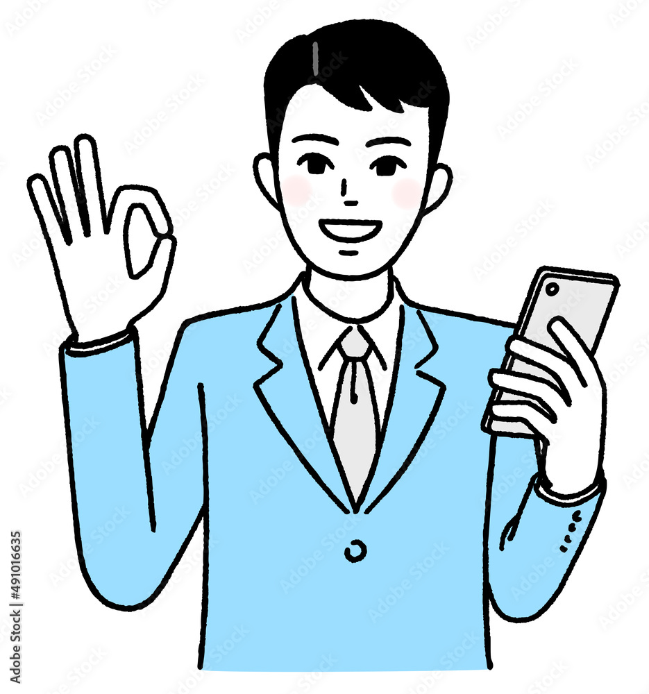 スマホを持ってOKサインを出すビジネスマン スマホを持ってOKサインを出すビジネスマン