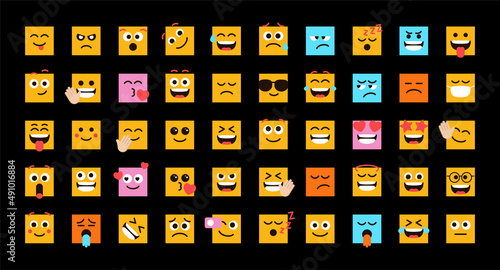 Cute Emoticons in form of square faces vector set for social media post and reaction. Funny emoji with facial expressions. Vector illustration