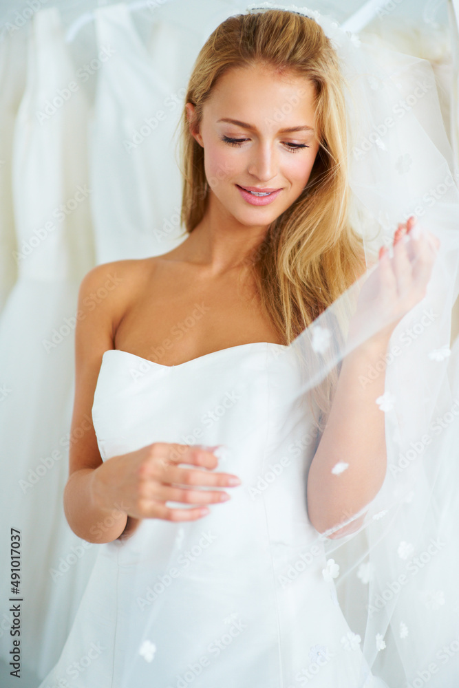Thinking of her future with excitement. A young bride trying on a wedding dress. Thinking of her future with excitement. A young bride trying on a wedding dress.