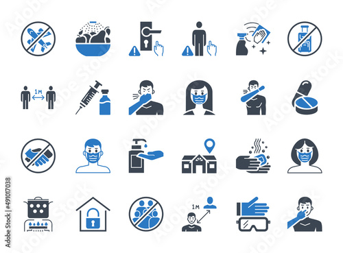 Coronavirus Prevention glyph vector icons. Isolated on white background. Contains such Icons as Washing Hands, Outbreak Map, Man and Woman Wearing Face Mask, avoid travel, wash fruits, vaccine, clean