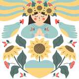 Pray for Ukraine vector illustration with girl, birds, heart and flowers in yellow-blue colors