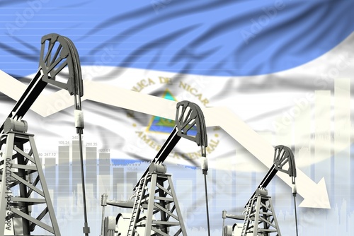 lowering down chart on Nicaragua flag background - industrial illustration of Nicaragua oil industry or market concept. 3D Illustration