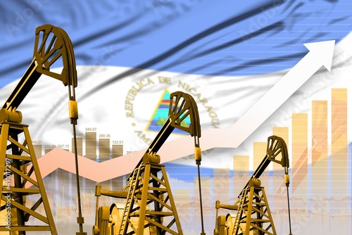 rising up chart on Nicaragua flag background - industrial illustration of Nicaragua oil industry or market concept. 3D Illustration