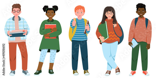 Smiling school children boys and girls with backpacks and books set isolated vector illustration. Multiethnic cute kids.